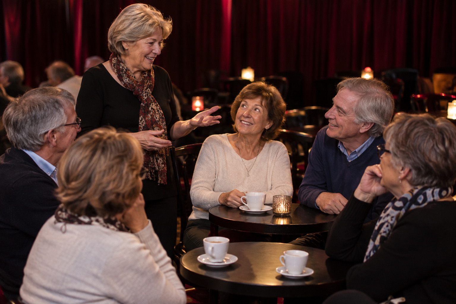 Groupe de participants échangeant autour de tasses de café dans une ambiance cabaret aux rideaux rouges.