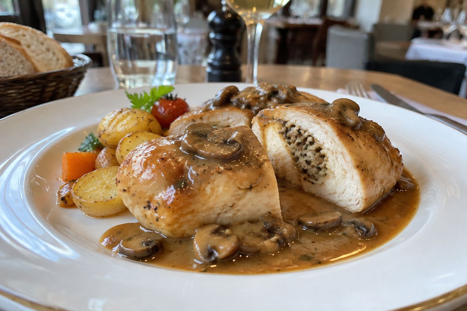 Fondant de volaille farcie, sauce forestière, accompagné de ses garnitures